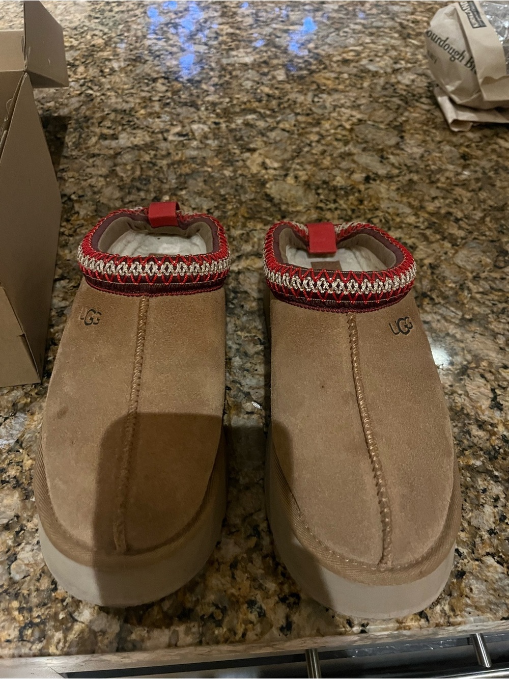 UGG Chestnut Suede Slip-On Clog Mules with Red Knit Trim